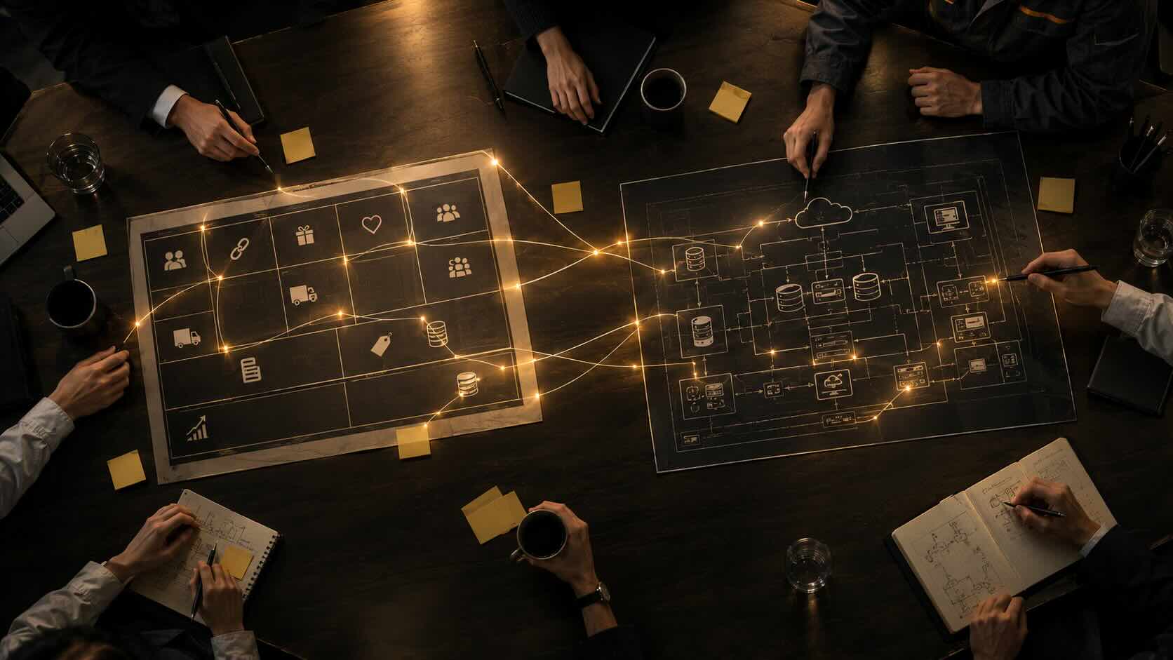 Workshop-Tisch von oben: Business Model Canvas und Systemarchitektur nebeneinander, verbunden durch goldene Lichtlinien