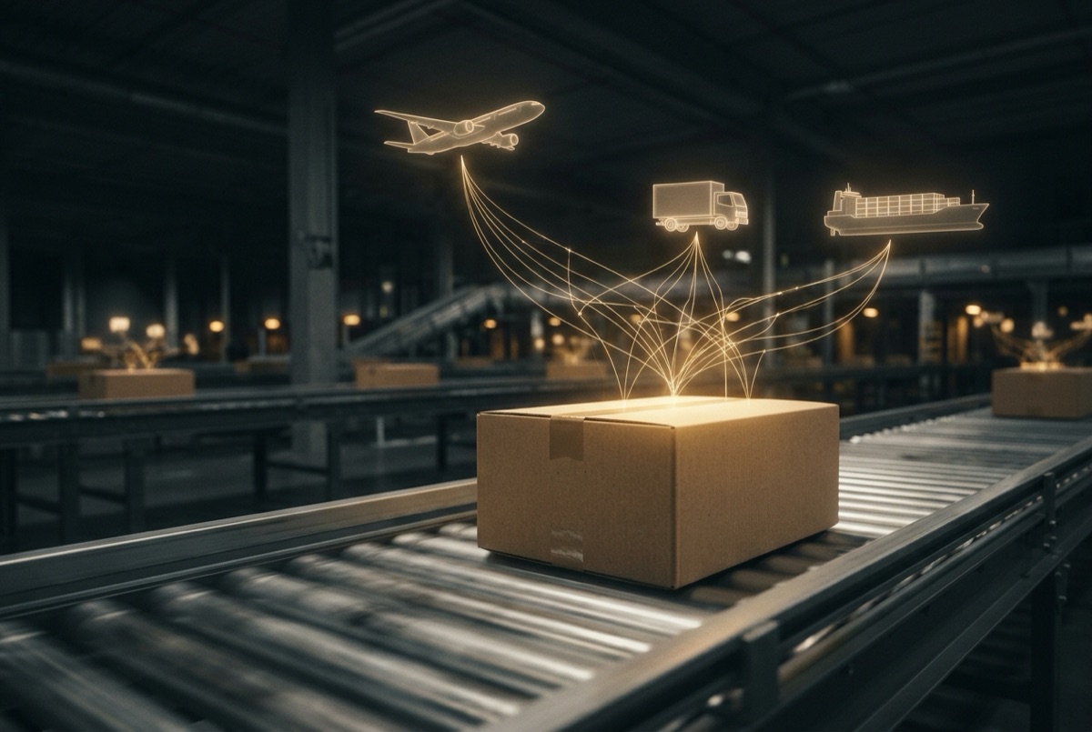 Ein Paket auf einem Förderband, von dem goldene Lichtlinien zu einem Flugzeug, einem Lkw und einem Containerschiff führen