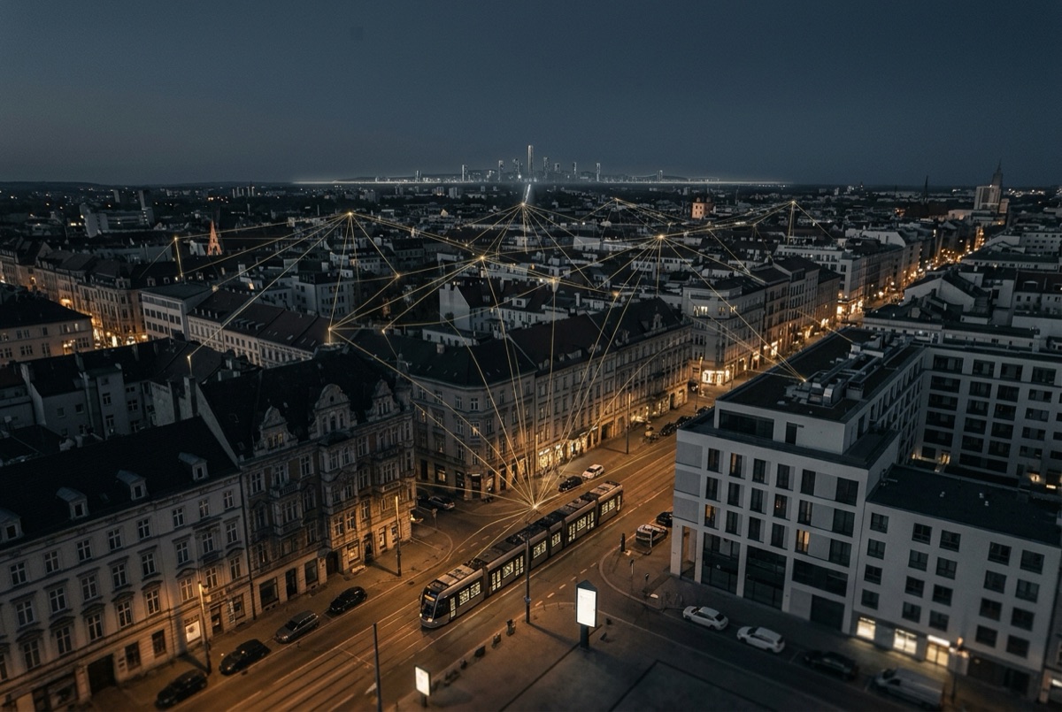 Europäische Stadt zur blauen Stunde mit einer Straßenbahn und goldenen Datenlinien über den Dächern